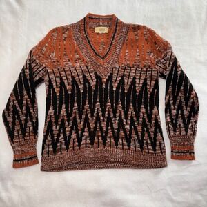 70s Knit Sweater Campari Burnt Orange Black Geometric V-Neck Womens S Boho Retro